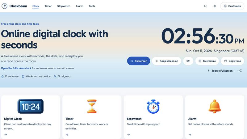 Clock Beam application interface and features