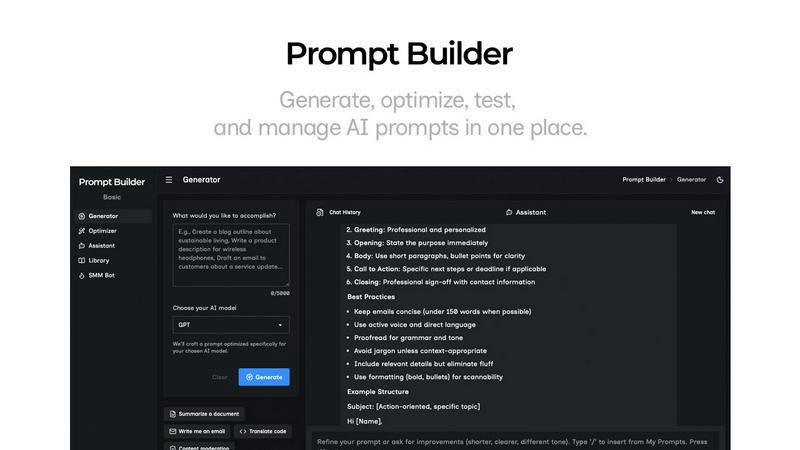 Prompt Builder application interface and features